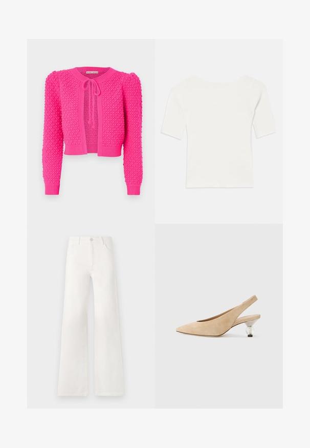 Ljusrosa stickad cardigan med en strukturerad design, rund halsringning, långa ärmar och en knytning framtill.; Vit ribbad kortärmad topp med vid halsringning. Texturen har vertikala ränder som betonar en tight passform och enkelt design.; Vita, högmidjade jeans med vida ben i denim. Har en knappstängning, två framfickor och sidsömmar med stickningsdetaljer.; Beige mockasinsko slingback-sko med spetsig tå och en transparent, rund klack. Slät yta och minimalistisk design.