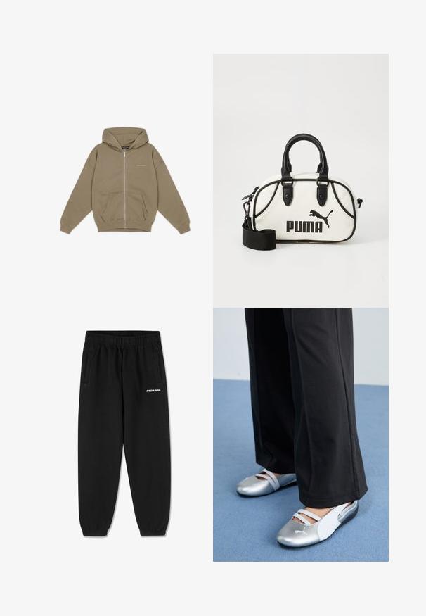 Khaki zip-up hoodie with a large hood, front pocket, and ribbed cuffs. Made of soft, textured fabric with subtle branding on the chest.; Gray cotton t-shirt with short sleeves, featuring a crew neck and a small white "PEGADOR" logo on the front. Smooth texture, relaxed fit.; Black sweatpants made of soft fabric, featuring a drawstring waistband, tapered legs, and side pockets. “PEGADOR” logo in white on the front.; Silver and white flat shoes with crossover straps and textured detailing, complemented by loose black trousers. Set against a blue floor.; White handbag with black accents, featuring a Puma logo. Short, rounded handles and a detachable strap, made from textured synthetic material.