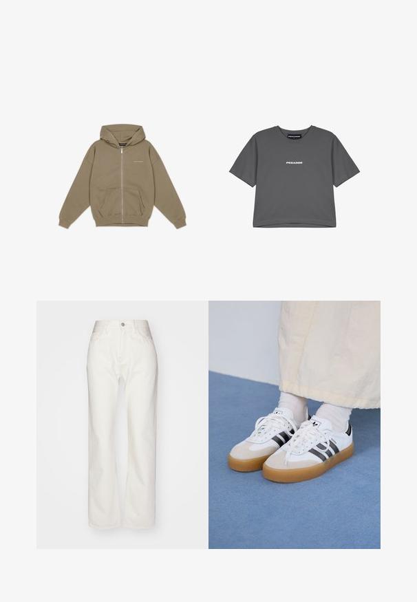 Khaki spalvos zip-up hoodie su didele kepure, priekyje esančia kišene ir raukšlėtomis rankovėmis. Pagaminta iš minkštos, tekstūrinės medžiagos su subtiliu ženklinimu ant krūtinės.; Pilkos spalvos medvilninė marškinė su trumpomis rankovėmis ir apvaliu kaklu. Krūtinėje yra baltas "PEGADOR" logotipas. Paprastas, laisvas dizainas.; Balti džinsai su aukštu liemeniu ir plačiomis kojomis. Turi mygtuko ir užtrauktuko uždarymą, diržo kilpeles ir subtilius siuvinėjimo akcentus.; Baltos sportbačiai su noir juostomis ir šviesiai rudos zomšos akcentais. Yra tekstūruota gumos padas ir plokščiomis baltomis raištelėmis, dėvimi su šviesiai spalvotomis kojinėmis.