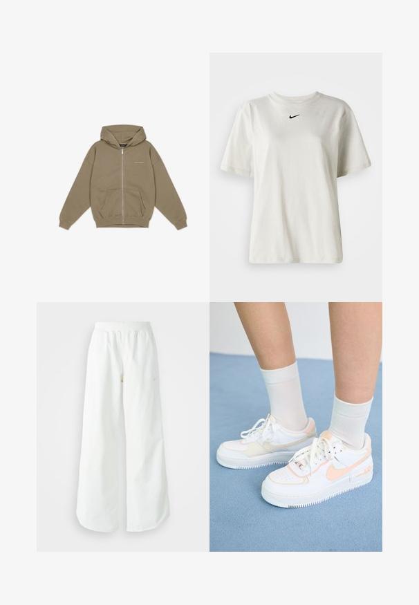 Khaki zip-up hættejakke med en stor hætte, lomme foran og ribbede manchetter. Lavet af blødt, struktureret materiale med subtil branding på brystet.; Hvid bomulds t-shirt med rund hals og korte ærmer. Har et lille sort Nike-logo på brystet. Enkel og udekoreret design.; Hvide athletic bukser med vidde, ribbet talje og subtile logo detaljer. Glat stof med en afslappet pasform og tapered hals.; Hvide sneakers med ferskenfarvede detaljer, glat læderoverdel, perforeret tå, struktureret sål og snørebånd. Båret med hvide ankelstrømper på en blå overflade.
