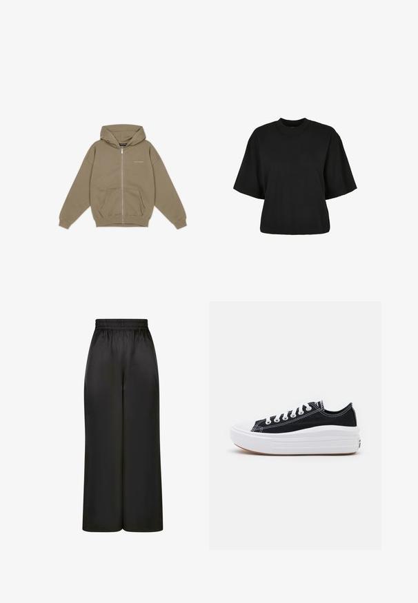 Khaki zip-up hoodie med stor huva, framficka och ribbade muddar. Tillverkad av mjukt, texturerat tyg med diskret logotyp på bröstet.; Svart cropped t-shirt i bomull. Har korta ärmar och rund halsringning. Slät yta med en enkel design, utan ytterligare mönster.; Svarta vida byxor i slät, glänsande tyg med resårmidja och utan synliga fickor eller hårdvarudetaljer.; Svarta kanvas sneakers med vita snören, vit gummitå och en kraftig vit mellansula. Har subtila vita sömmar och en gummisula.