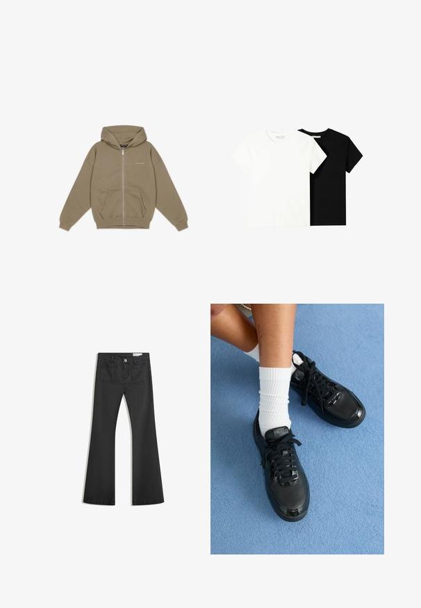 Khakifarbenen Zip-Hoodie mit großer Kapuze, Fronttasche und gerippten Bündchen. Hergestellt aus weichem, strukturiertem Stoff mit dezentem Branding auf der Brust.; Zwei kurzärmelige T-Shirts, eines weiß und eines schwarz, aus Baumwolle. Beide haben einen runden Halsausschnitt und ein einfaches, klassisches Design.; Schwarze Schlagjeans aus Denim mit glatter Textur, ausgestattet mit zwei Gesäßtaschen und einem Knopfverschluss an der Taille.; Schwarze Nike-Sneaker mit strukturiertem Obermaterial, glänzenden Akzenten und runden Schnüren. Sie sind mit weißen gerippten Socken auf einer hellblauen Oberfläche kombiniert.