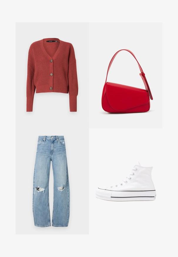 Cardigan corto rosso con un motivo a maglia testurizzata, scollatura a V e tre bottoni marroni sul davanti. Maniche lunghe, leggermente a sbuffo.; T-shirt nera oversize con una grafica di un orso e la scritta "NON CARINA MA SELVAGGIA" in grassetto, lettere bianche. Materiale in cotone.; Jeans azzurri chiari a vita alta realizzati in denim. Presentano gambe larghe, due aree strappate sulle ginocchia e il classico styling a cinque tasche.; Sneaker alta in tela bianca con suola in gomma nera, punta in gomma frontale e sei asole per i lacci, caratterizzata da un design pulito e minimalista.; Borsa a tracolla in pelle rossa con un design angolare e geometrico. Presenta una singola tracolla regolabile e una chiusura a patta con dettagli cuciti.