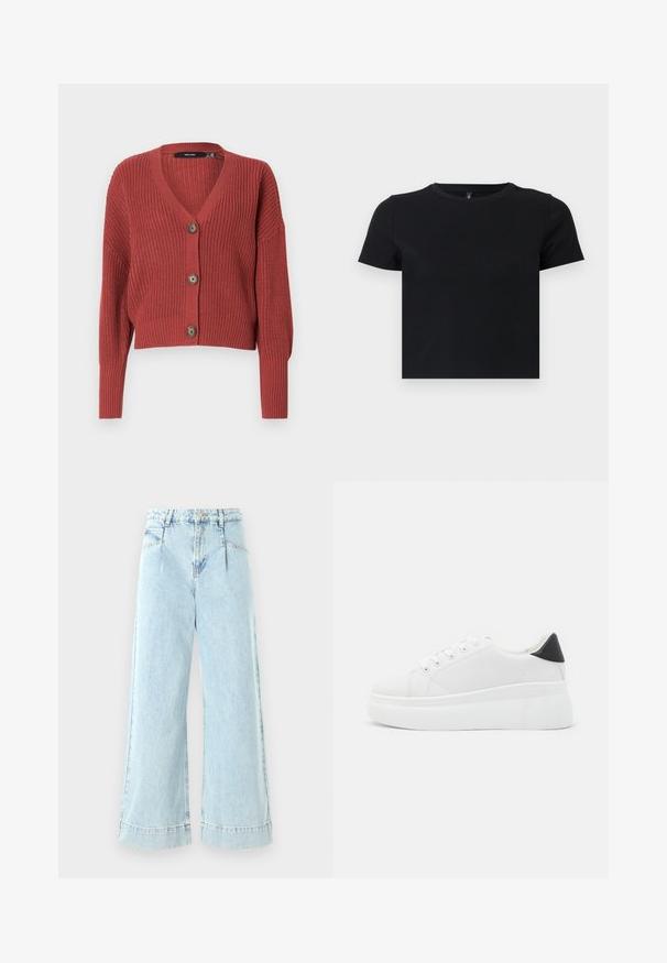 Cardigan rouge court avec un motif de tricot texturé, col en V et trois boutons marron à l'avant. Manches longues légèrement bouffantes.; T-shirt noir à manches courtes en coton doux. Avec un col rond et un design ajusté. Texture lisse sans motifs ni détails.; Jeans larges en denim bleu clair, avec une taille haute, des poches avant et des accents cousus à l'ourlet.; Baskets plates blanches en matériau synthétique lisse, avec un bout arrondi, un design à lacets et une semelle en caoutchouc texturé. Accent de talon noir.