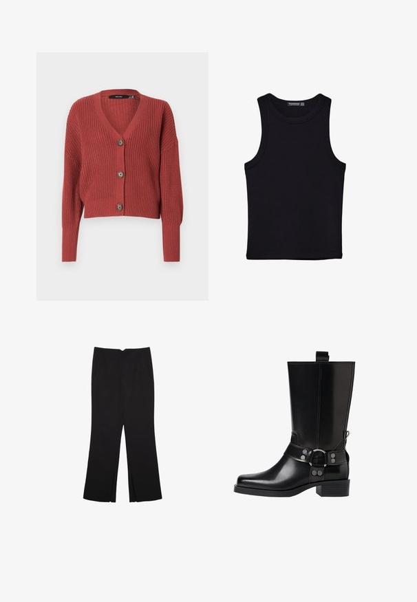 Rød cropped cardigan med et tekstureret strikmønster, V-hals og tre brune knapper foran. Lange, let puffede ærmer.; Sort tank top lavet af bomuld, med rund halsudskæring og brede armhuller. Glat tekstur med syede kanter. Klassisk, minimalistisk design.; Sorte bukser med lige pasform, der har frontlommer og slidser i kanten. Lavet af blødt, glat stof. Velegnet til forskellige anledninger.; Sort læderknæhøj støvle med spids tå, sølv spænde detaljer og en robust hæl. Har en trækflap for nem påtagning.