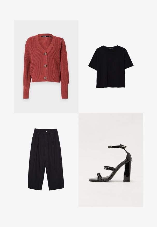 Roter, kurzer Cardigan mit strukturiertem Strickmuster, V-Ausschnitt und drei braunen Knöpfen auf der Vorderseite. Lange, leicht puffige Ärmel.; Schwarzes T-Shirt mit kurzen Ärmeln aus Baumwolle. Verfügt über einen runden Ausschnitt und einen lockeren Schnitt mit einer glatten, einfarbigen Textur. Keine sichtbaren Muster oder Akzente.; Schwarze Polyester-Culotte mit einem elastischen Bund, zwei vorderen Falten und einer lockeren Silhouette. Keine sichtbaren Muster oder Hardware-Details.; Schwarze patentierte Sandalen mit Absatz, quadratischer Spitze, Knöchelriemen und silbernen Schnallen. Mit einem stabilen Blockabsatz für mehr Stabilität.