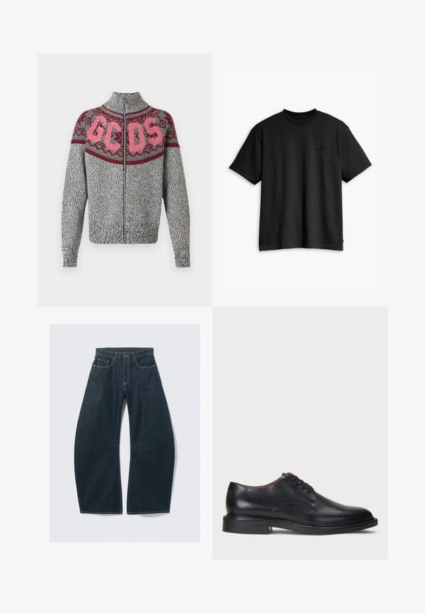 Pilkas megztinis su užtrauktuku ir aukštu apykakle, puošiamas burgundiškos ir rožinės spalvos geometriniu raštu krūtinės srityje bei ryškiu „GCDS“ užrašu.; Juodas medvilnės marškinėliai su apvaliu kaklu ir trumpomis rankovėmis. Su subtiliu priekyje esančiu logotipu ir tiesia apatine dalimi. Paprastas ir minimalistiškas dizainas.; Tamsiai mėlynos spalvos platėjantys džinsai iš džinso audinio su penkiomis kišenėmis, matomomis siūlėmis, užsegimu su saga ir švariu apdaila.; Juodas odinis suknių batelis su apvalia nosimi, raišteliais ir žemu, sukrautu kulnu. Lygus paviršius su minimaliais siuvinėjimo detalėmis.
