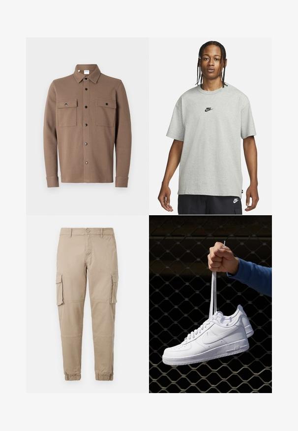 Casaco castanho de botão, feito de tecido texturizado. Apresenta um colarinho, dois bolsos no peito com abas e botões de pressão pretos.; Pessoa jovem com cabelo trançado a usar uma camiseta Nike cinza claro e calções Nike pretos em fundo branco liso.; Calças cargo bege em um material de algodão leve. Apresenta punhos elásticos, múltiplos bolsos laterais e um fecho de botão.; Sapatilhas de couro branco com perfurações, biqueira redonda, sola plana e atacadores grossos, apresentando um logotipo swoosh visível e "AIR" no calcanhar.