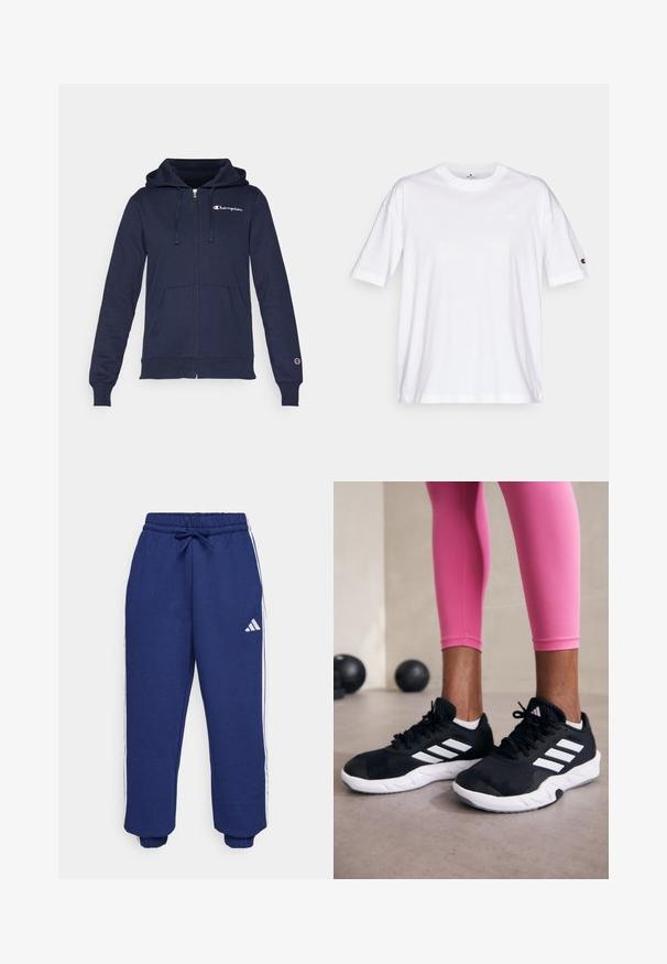 Sweatshirt com fecho éclair na cor azul-marinho, feito de tecido suave, apresentando um bolso canguru, capuz com cordão e logótipo bordado no peito.; T-shirt de algodão branco com decote redondo, mangas curtas e um pequeno logotipo no lado esquerdo do peito. Apresenta um corte descontraído e uma cor sólida.; Calças atléticas em azul-marinho, feitas de um tecido macio, com riscas brancas nas laterais, cintura elástica com cordão ajustável e punhos elásticos.; Sapatos de treino pretos com riscas brancas, parte superior em malha texturizada e sola branca. Usados com leggings cor-de-rosa, destacando roupa de treino.