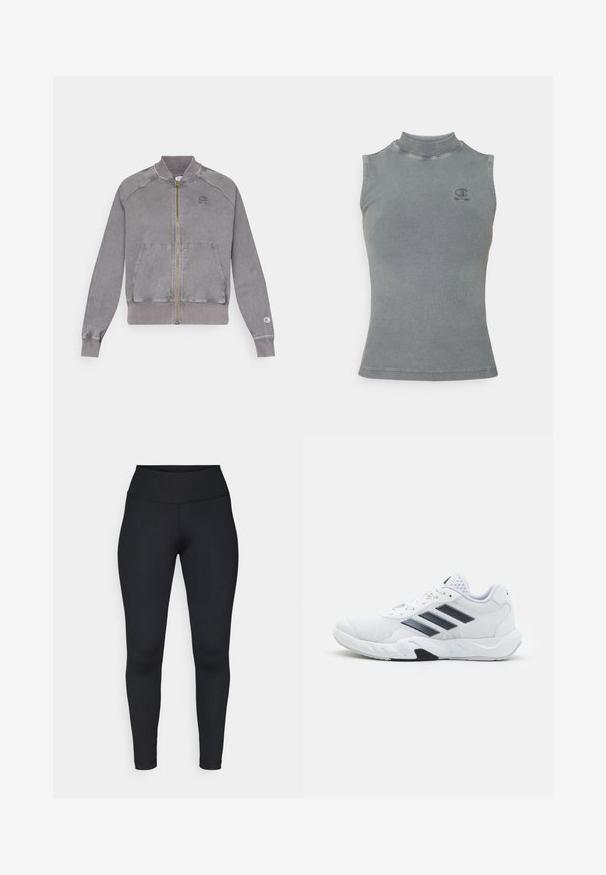 Chaqueta gris con cremallera, puños y dobladillo acanalados, que presenta dos bolsillos frontales y un pequeño logo en el pecho. Tejido texturizado con un acabado desgastado.; Top sin mangas de canalé gris con cuello alto y diseño ajustado. Presenta un pequeño logotipo bordado en el pecho y una silueta ceñida.; Leggings negros de tela elástica, con una cintura alta, textura suave y costuras limpias sin patrones visibles ni herrajes.; Zapatilla deportiva blanca con parte superior de malla, tres franjas negras a los lados, acentos texturizados y una suela de goma resistente con una sección negra en contraste.