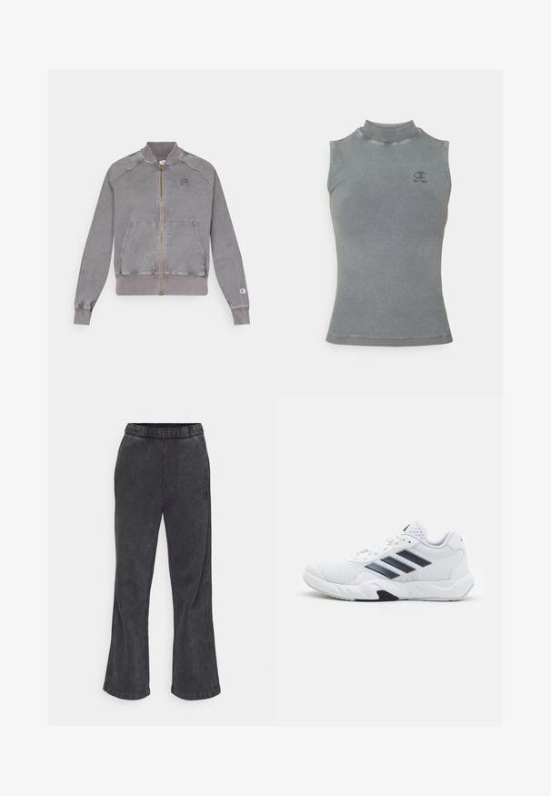 Hallgrå tõmbluku ees jakki, millel on soonikkoes mansetid ja alumine äär, kahte eesmist taskut ja väike logo rinnal. Tekstureeritud kangas, millel on pleekinud viimistlus.; Hall kvaliteetne hall ribaga kampsun, millel on kõrge kaelus ja ilma varrukateta disain. Varrukate kohal asub väike tikitud logo ja see on pealt kinnihoitav siluett.; Tumed värvid laienevad dressipüksid pehmest tumedast hallist kangast. Omavad elastset vöökohta ja külgedel on brodeeritud logo.; Valge spordijalats, millel on võrkpealne, kolm musta triipu küljepeal, tekstuuriga aktsendid ning tugev kummist tallaosa, millel on kontrastne must osa.