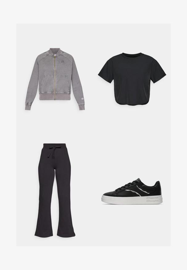 Pelēks kapuces jaka ar ribotām piedurknēm un apakšmalu, ar divām priekšējām kabatām un mazu logotipu uz krūtīm. Strukturēta auduma ar izbalējušu apdari.; Melna īsā T-krekls, izgatavots no mīkstas auduma, ar apaļu kakla izgriezumu, īsām piedurknēm un brīvu piegriezumu. Diskrēti šuvju elementi.; Melni zīmuļu bikses, kas izgatavotas no mīkstas auduma, ar auklu jostasvietā un gludu struktūru. Izstrādātas komfortam un vieglai valkāšanai.; Melnas ādas tenisu kurpes ar baltu zoli, ar plānām sudraba akcentu un auklu dizainu. Gluda tekstūra ar zīmola detaļām uz papēža.