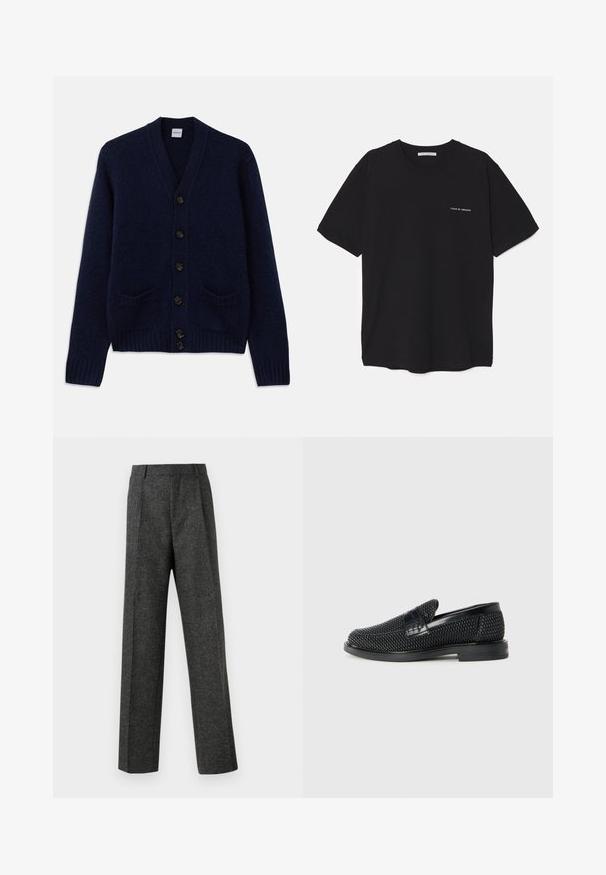 Cardigan de malha azul-marinho com decote em V, seis fechos de botão castanho, dois bolsos frontais e punhos e barra canelados. Tecido texturizado.; T-shirt preta de algodão com gola redonda, mangas curtas e impressão de logó tipo branca no lado esquerdo do peito. Design simples, de cor sólida.; Calças cinzentas ajustadas, feitas de um tecido texturizado, com duas pregas frontais e um design de perna reta. Sem bolsos visíveis ou enfeites.; Sandalha preta entrelaçada com um accento de couro liso na parte superior, design de biqueira redonda e sola de borracha de perfil baixo.