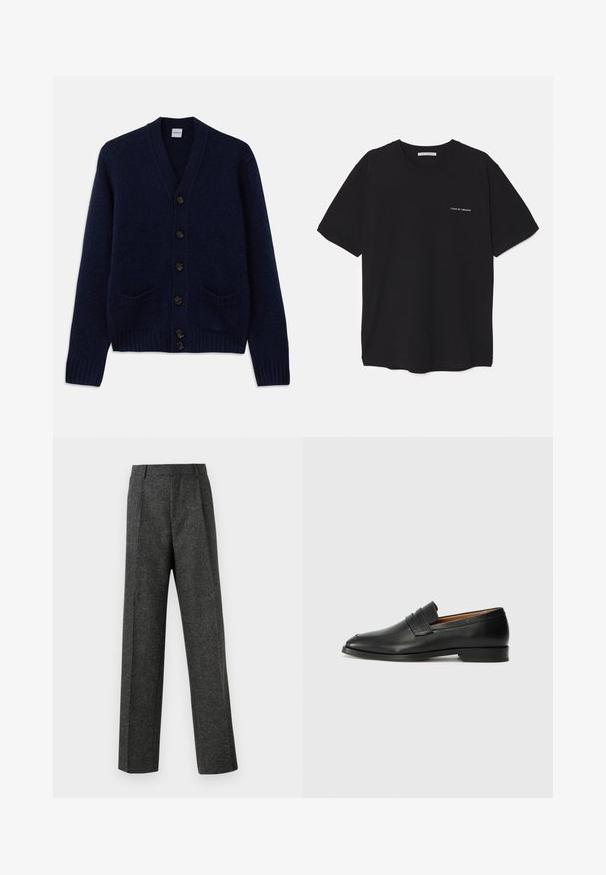 Cardigan tricoté bleu marine avec un col en V, six boutons marron, deux poches avant et des poignets et un ourlet côtelés. Tissu texturé.; T-shirt en coton noir avec un col rond, des manches courtes et un logo blanc imprimé sur la poitrine gauche. Design simple, couleur unie.; Pantalon gris ajusté en tissu texturé, doté de deux plis sur le devant et d'une coupe droite. Pas de poches visibles ni de décorations.; Mocassin en cuir noir avec un bout arrondi, des coutures subtiles et un talon bas, présentant une texture lisse et un design minimaliste.