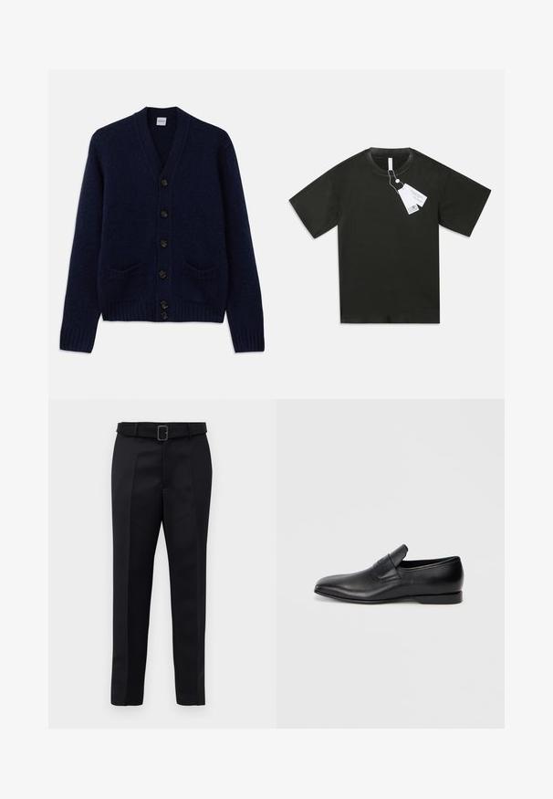 Σκούρο μπλε πλεκτό ζακέτα με V-λαιμό, έξι καφέ κουμπιά, δύο μπροστινές τσέπες και ριμπ μανσέτες και κάτω τελείωμα. Υφασμάτινη υφή.; Μαύρο κοντομάνικο βαμβακερό T-shirt με στρογγυλή λαιμόκοψη και επικολλημένες λευκές ετικέτες προϊόντος κρεμασμένες από το γιακά, σε λευκό φόντο.; Μαύροι καλοραμμένοι παν trousers με λεία υφή, ίσια γραμμή και ζώνη με ορθογώνια πόρπη. Οι επισημασμένες πιέτες μπροστά ενισχύουν το σχέδιο.; Μαύρο δερμάτινο παπούτσι με λείο μέλος και μυτερή μύτη, ομαλή υφή και διακριτική σήμανση στο πλάι. Χαμηλός τακούνι με καθαρό, μινιμαλιστικό σχέδιο.