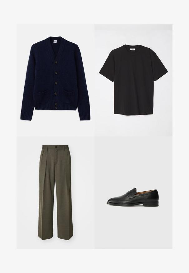 Cardigan a maglia blu navy con scollo a V, sei bottoni marroni, due tasche frontali e polsini e orlo a coste. Tessuto strutturato.; T-shirt in cotone nero con colletto a girocollo, maniche corte e vestibilità comoda. Design semplice, texture liscia e senza motivi o loghi visibili.; Filippa K WIDE TROUSERS - Pantaloni - driftwood; Mocassino in pelle nera con punta arrotondata, dettagli cuciti sottili e tacco basso, caratterizzato da una texture liscia e un design minimalista.
