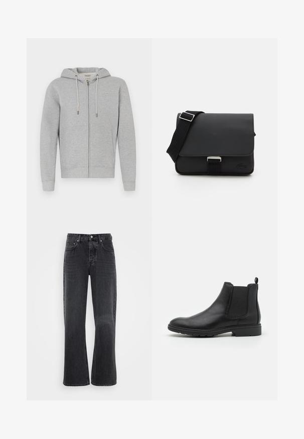 Hallide pruun kapuutsiga sviiter, mis on valmistatud pehmest kangast. Omab kohandatavat kapuutsi, esikotte ja väikest logotaskut vasakul ülal.; Must musta polo särk, millel on kerge venitus, valge krae ja varrukate ääred ning väike logo rinnal.; Must pant wide-leg, mis ehtest denim, omades klassik senis-viis tasku disain, metallist nupuga sulgemine ning peene kulumise efekt ees.; Mustat nahast Chelsea saapad elastsete külgpaneelide ja tõmbeotsaga, ümarate varvaste ja tekstuurse kummitaldiga.; Mustmust värvi sõnumikott, mis on valmistatud tekstureeritud materjalist, klapi sulgemisega, reguleeritava rihmaga ja metallist tarvikutega. Ees on logo detail.; Kuuest metallpildist hõbedast sõrmuste komplekt, mis sisaldab erinevaid kujundeid, sealhulgas ümmargusi ja ruudukujulisi, millel on siledad tekstuurid ja minimalistik disain.