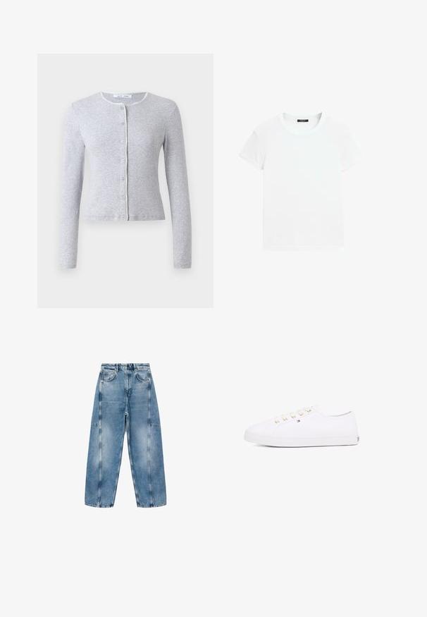 Cardigan grigio a maniche lunghe con scollo rotondo, chiusura frontale con bottoni e un bordo decorativo in contrasto lungo il collo. Texture morbida, design aderente.; T-shirt bianco a maniche corte realizzato in morbido cotone, con scollatura rotonda e un fit rilassato con dettagli orlo arrotolato. Senza fantasie né accenti.; I jeans in denim azzurro chiaro presentano una vestibilità rilassata, ampie tasche e cuciture a contrasto. Il tessuto ha una finitura scolorita con una texture liscia.; Sneaker bianco in tela con occhielli dorati, lacci piatti, suola in gomma strutturata e branding minimale sul lato. Design a profilo basso.