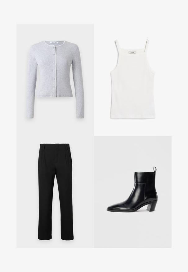 Grå langermet cardigan med rund hals, knappelukking foran og en kontrasterende dekorativ kant langs halslinjen. Myk tekstur, figurnær design.; Hvit singlet med tynne stropper, laget av ribbet bomullsstoff, med en rett utringning og en ren finish på kanten.; Sorte straight-leg bukser med bæltestropper, sidelommer og frontfolder, præsenteret mod en simpel hvid baggrund.; Sorte skinn ankle boots med spiss tå, geometrisk stablet hæl og en drasnor bak. Glatt tekstur og elegant design.