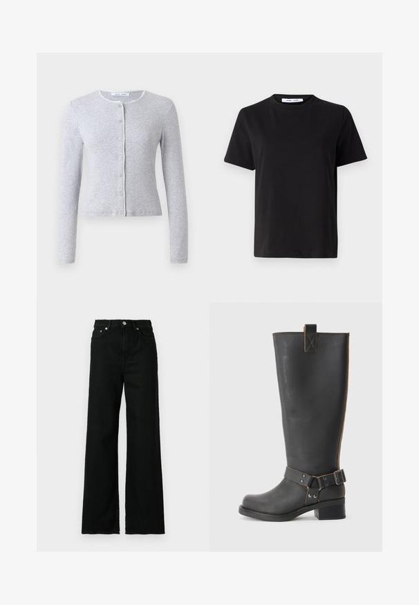 Gray long-sleeve cardigan with a round neck, button front closure, and a contrasting decorative trim along the neckline. Soft texture, fitted design.; Black short-sleeve t-shirt made of soft cotton, featuring a round neckline, relaxed fit, and a smooth texture. No visible patterns or graphics.; Black denim jeans with a high waist, wide-leg cut, featuring a front button and zip closure, and classic five-pocket design.; Black leather knee-high boot with a textured finish, featuring a side buckle accent and a low heel. Detailed stitching along the seams.
