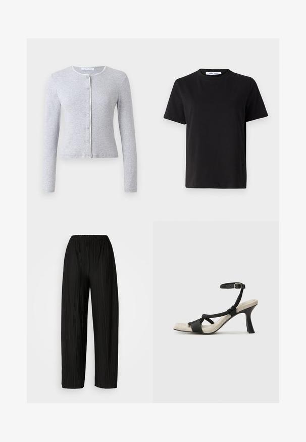 Pelēka garām piedurknēm kardigāna jaka ar apaļu kakla izgriezumu, pogu aizdari un kontrastējošu dekoratīvo apdari ap kakla izgriezumu. Mīksta tekstūra, pielāgota forma.; Melna īsām piedurknēm T-kreklu, kas izgatavots no mīksta kokvilnas, ar apļveida kakla izgriezumu, brīvu piegriezumu un gludu tekstūru. Nav redzamu rakstu vai grafikas.; Melni plaši svārki ar krokām un elastīgu jostu. Audumam ir vertikālas krokas un gluda tekstūra.; Melnas augstpapēžu sānijas ar pinuma siksnu dizainu, kvadrātveida purngali un regulējamu potītes siksnu. Gaismas beidzamais kāju paklājiņš ar spīdīgu melnu papēdi.