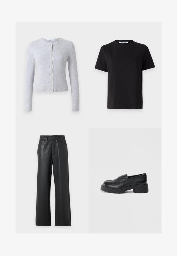 Szürke, hosszú ujjú kardigán, kerek nyakkal, gombos elülső záródással és kontrasztos díszítés a nyakvonal mentén. Puha tapintású, testhez álló fazon.; Fekete, rövid ujjú póló, puha pamutból készült, kerek nyakkivágással, laza szabással és sima textúrával. Nincs látható minta vagy grafikák.; Fekete, bő szárú nadrág fényes anyagból. Gombos záródással, övbújtatókkal és sima felületű elülső zsebekkel rendelkezik.; Fekete bőr loaferek, textúrált felülettel, a lábfejen egy téglalap alakú pánttal és vastag, barázdált talpformával.