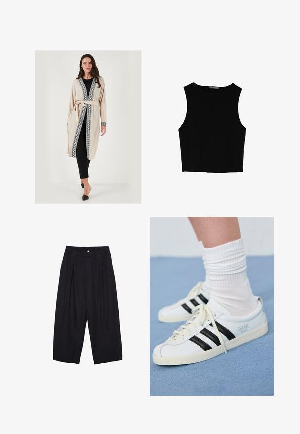 Béžový kardigán v štýle kimono s čiernou čipkou podél okrajov a rukávov, ktorý má opasok na viazanie a voľný strih.; Čierny bezrukávový crop top vyrobený z hladkej tkaniny, so zaobleným výstrihom a čistým, jednoduchým dizajnom bez vzorov alebo kovania.; Čierne polyesterové culotte nohavice s elastickým pásom, dvoma prednými záhybmi a voľným strihom. Žiadne viditeľné vzory ani detaily z kovu.; Biele kožené tenisky s čiernymi pruhmi, krémovou podrážkou a svetlými šnúrkami. Nosené s bielymi rebrovanými ponožkami, umiestnené na modrom pozadí.