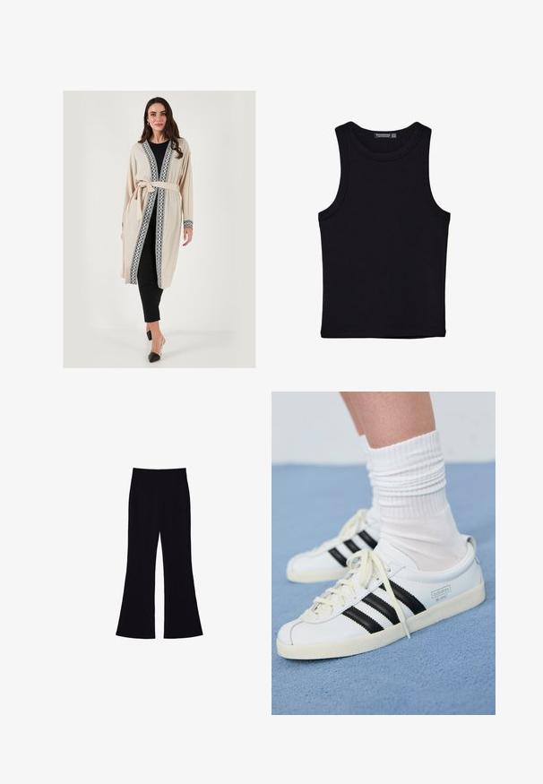 Bež kardigan v kimono slogu z črnimi čipkastimi detajli ob robovih in rokavih, ki ima zavezni pas in ohlapen kroj.; Črna majica brez rokavov iz bombaža, z okroglim izrezom in širokimi odprtinami za roke. Gladka tekstura s šivi na robovih. Klasičen, minimalističen dizajn.; Črne razširjene hlače z visokim pasom, brez vidnih žepov ali gumbov, prikazane na beli podlagi.; Bele usnjene športne čevlje z črnimi črtami, kremnim podplatom in svetlimi vezalkami. Obuti z belimi rebrastimi nogavicami, postavljeni na modro ozadje.