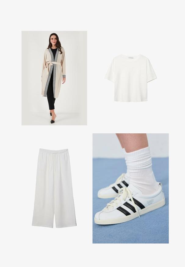 Béžový kardigan ve stylu kimona s černou krajkou podél okrajů a rukávů, s páskem na zavazování a volným střihem.; Bílý krátký rukáv tričko vyrobené z bavlny. Má kulatý výstřih a volný střih. Hladký materiál bez viditelných vzorů nebo akcentů.; Bílé kalhoty s širokými nohavicemi vyrobené z lehké tkaniny, s elastickým pasem a stahovací šňůrkou pro nastavitelnou velikost. Hladká textura.; Bílé kožené tenisky s černými pruhy, krémovou podešví a světlými tkaničkami. Nosené s bílými žebrovanými ponožkami, umístěné na modrém pozadí.