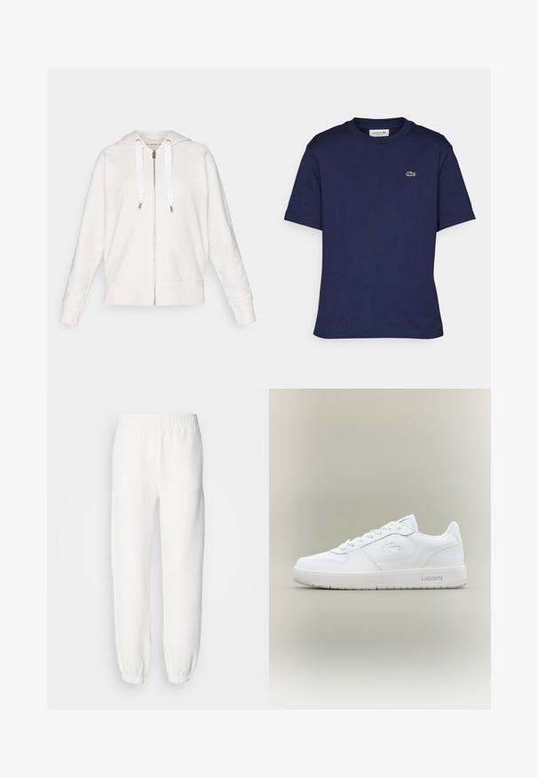 Lys grå zip-up hettegenser laget av myk stoff, med hette, hvite snorer med logo, og ribbede mansjetter og nederkant.; Korte ermer mørkeblå t-skjorte laget av bomull, med rund hals og en liten grønn Lacoste-logo på venstre bryst.; Hvite joggebukser laget av myk, strikket stoff. Elastisk midje og mansjetter gir en avslappet passform. Minimalistisk design, ingen synlige mønstre eller detaljer.; Hvit lær sneaker med en jevn finish, rund tå, snøredesign og en subtil preget logo på siden. Har en gummisåle.