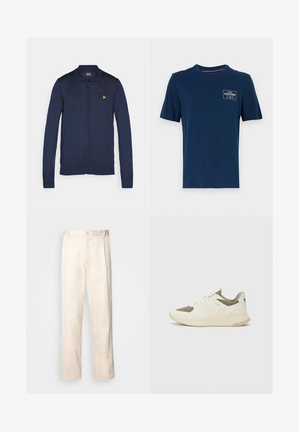 Námořnická zipová kardigan vyrobená z hladkého pleteného materiálu, s klasickým límcem a malým žlutým logem na levé části hrudi.; Námořnická modrá bavlněná tričko s kulatým výstřihem, krátkými rukávy a malým bílým potiskem loga na levé části hrudi. Hladká textura.; Bežové bavlněné kalhoty se střihy rovného nohavice, s knoflíkovým zapínáním a záhyby vpředu pro zvýraznění detailu.; Bílé a světle béžové atletické tenisky, které mají síťovaný svršek, perforované detaily a texturovanou mezipodešev s logem na patě.