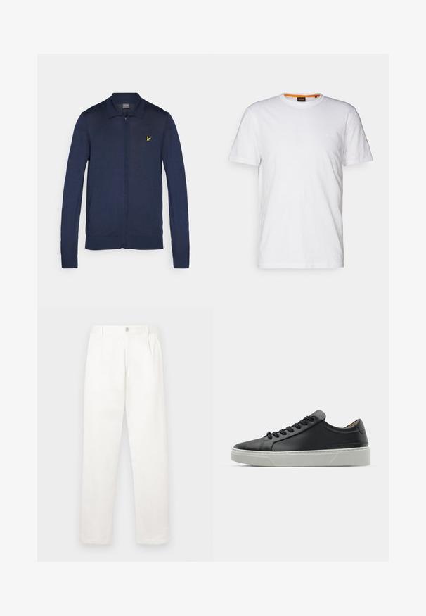Navy zip-up cardigan made of smooth knit fabric, featuring a classic collar and a small yellow logo on the left chest.; White cotton T-shirt with a crew neck, short sleeves, and a subtle embossed logo on the chest. Interior tag has an orange accent.; White trousers made from smooth fabric, featuring a straight leg design, front pleats, and a single button closure at the waist.; Black leather sneaker with a smooth texture, round toe, and black laces. Features a thick, white rubber sole with subtle geometric accents.