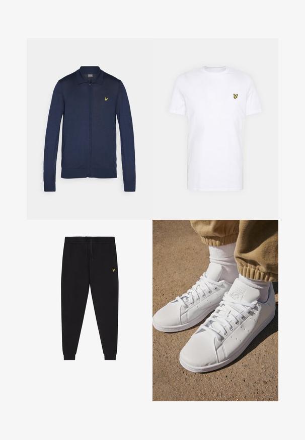 Mornarička zip-up kardigan izrađen od glatke pletene tkanine, s klasičnom kragnom i malim žutim logotipom na lijevoj strani prsnog koša.; Bijela pamučna majica s malim crnim i žutim izvezenim logotipom na lijevoj strani prsnog koša. Kratki rukavi i okrugli izrez.; Crne sportske hlače s elastičnim pojasom i vezicama, suženim nogavicama s manžetama i malim žutim vezenim logotipom na desnoj bedri.; Bijele kožne tenisice s glatkom površinom, klasičnog dizajna s vezicama, s perforacijama za prozračnost i teksturiranim gumenim potplatom.