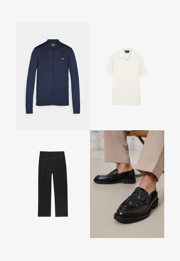 Marineblå hættetrøje med lynlås, lavet af glat strikstof, med en klassisk krave og et lille gult logo på venstre bryst.; Kortærmet polo skjorte i cremefarve med ribbet tekstur og flad krave. Har en lige kant og blødt materiale for komfort.; Sorte bukser med lige ben, lavet af et glat stof. Har frontfolder og en enkelt knaplukning i taljen.; Sorte lædermokkasiner med en glat overflade, der har en dekorativ rem og kontraststing, parret med beige bukser.