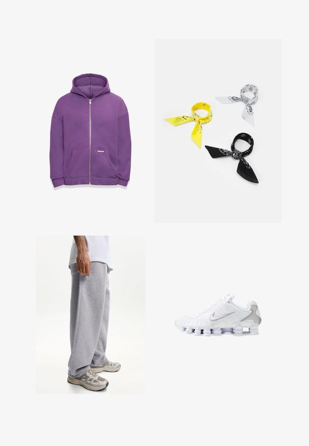 Hanorac violet cu fermoar, glugă, buzunare frontale și manșete cu rigle. Țesătură netedă, cu un croi lejer și o etichetă mică a brandului pe buzunar.; Top din bumbac alb, cu decolteu rotund, bretele late și margine dreaptă, având o textură fină și fără modele vizibile.; Pantaloni de trening gri, confecționați dintr-un material moale, cu o croială lejeră și talie elastică. Asortați cu sneakersi sport bej și gri.; Pantofi sport albi cu partea superioară texturată, logo argintiu în formă de swoosh, panouri din plasă și o talpă albă segmentată distinctiv.; Trei batiste: una galbenă cu motive negre, una albă cu desene negre și una neagră cu grafică albă. Toate sunt pătrate, dintr-un material ușor.