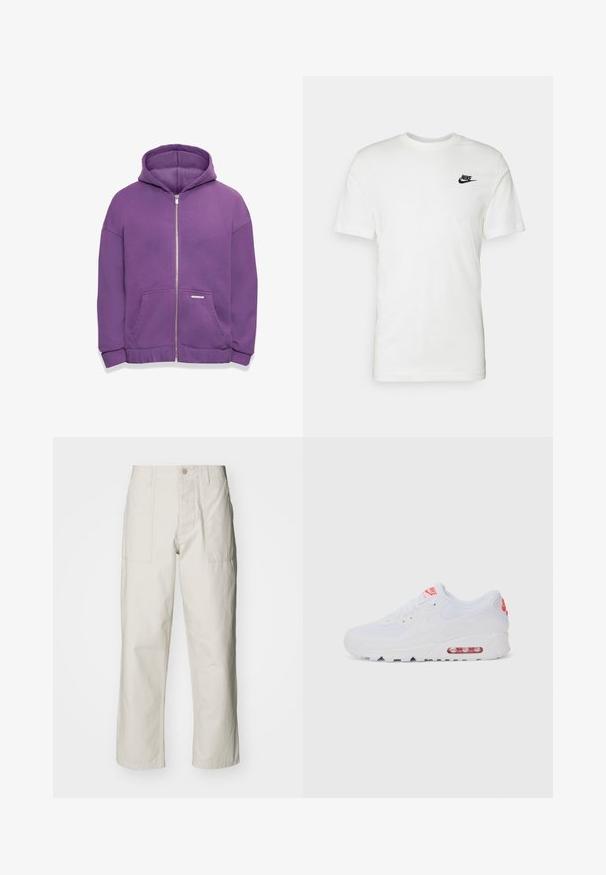 Lilla zip-up hoodie med hætte, frontlommer og ribbede manchetter. Glat stof med en afslappet pasform og et lille mærke på lommen.; Hvid bomulds t-shirt med korte ærmer, rund halsudskæring og et sort Nike-logo på venstre brystområde. Glat tekstur og klassisk pasform.; Lysebeige brede bukser lavet af bomuld. Har forlommer og en knaplukning. Glat tekstur med subtile lodrette linjer.; Hvide atletiske sneakers med en glat overdel, snørebåndslukning, polstret sål og en synlig luftenhed med røde akcenter på brandingen.