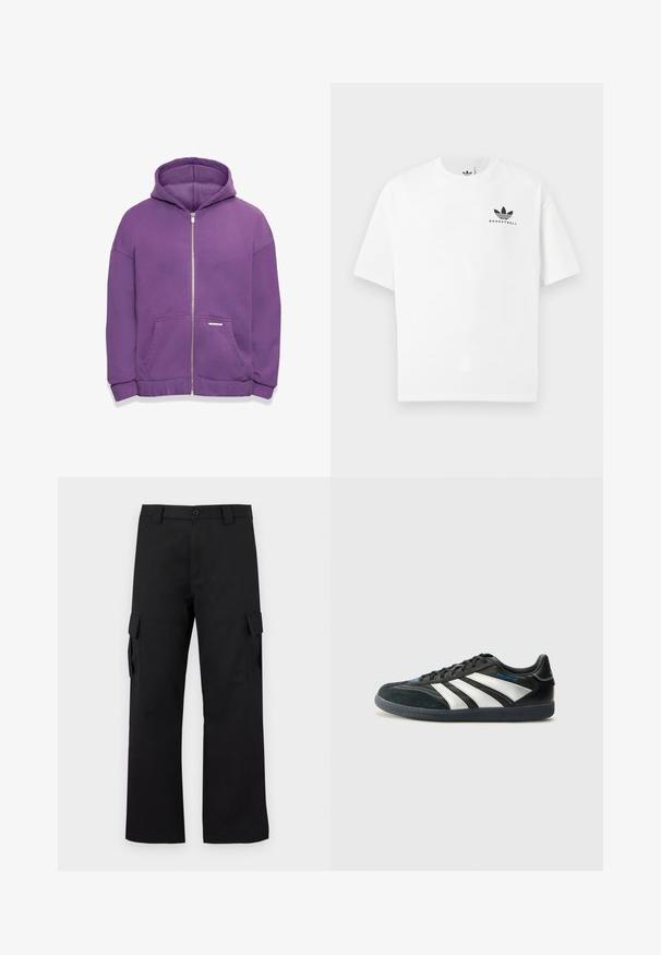 Hoodie zippé violet avec capuche, poches avant et poignets côtelés. Tissu lisse avec une coupe décontractée et une petite étiquette de marque sur la poche.; T-shirt en coton blanc à manches courtes, avec un logo "BASKETBALL" noir et un design iconique à trois bandes à l'avant.; Pantalons cargo noirs avec une coupe droite. Fabriqués à partir d'un tissu durable, ils disposent de deux poches latérales avec fermetures à rabat et d'un zip à bouton.; adidas Performance PREDATOR FREESTYLE JUDE INDOOR FOOTBALL SHOES - Chaussures de football en salle - core black/silver-coloured/glory blue