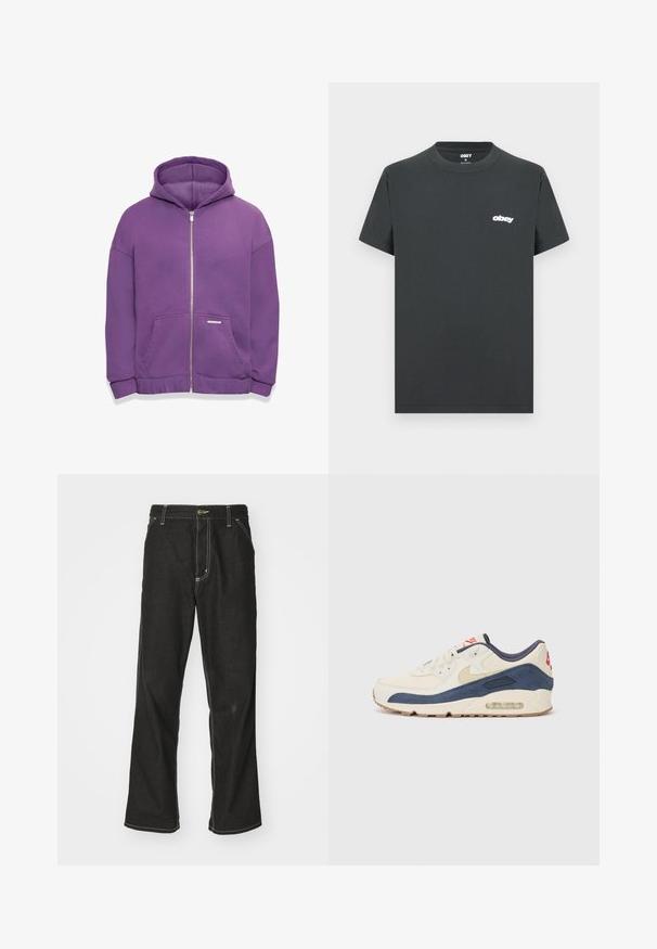 Paarse ritssluiting hoodie met een capuchon, voorzakken en ribgebreide manchetten. Gladde stof met een relaxte pasvorm en een klein merkje op de zak.; Zwarte katoenen T-shirt met korte mouwen, ronde hals, en een wit "obey" logo op de linkerkant van de borst. Gladde textuur, regular fit ontwerp.; Zwarte denim jeans met een losse pasvorm, voorzien van contrasterende witte stiksels, een knoopsluiting en een recht ontwerp.; Sneakers met een crème leren en marineblauwe suède bovenkant, voorzien van een zichtbare luchtzool, beige rubberen buitenzool en een rode accent op de hiel.