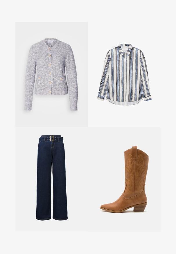 Hellblauer gestrickter Cardigan mit rundem Ausschnitt, der goldene Knöpfe und Fronttaschen aufweist. Der strukturierte Stoff verleiht eine gemütliche Optik.; Hemd mit Knopfleiste und vertikalen Streifen in Blau-, Schwarz- und Weißtönen. Hergestellt aus glattem Stoff mit klassischem Kragen und Knopfverschluss.; Dunkelblaue, weite Jeanshose mit gestickten Taschen und einem passenden Gürtel, der eine große rechteckige goldene Schnalle aufweist.; Braune Leder-Cowboy-Stiefel mit spitzem Zehenbereich, bestickten Wirbelmustern am Schaft und einem gestapelten Blockabsatz. Verfügt über einen Ziehriemen für das einfache Anziehen.