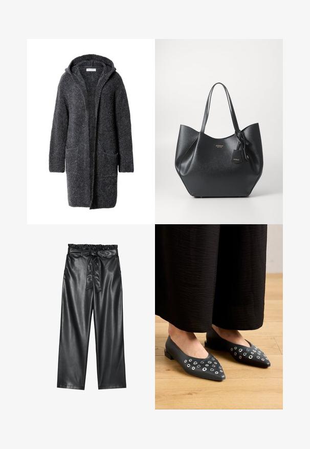 Donkergrijze lange hoodie-cardigan met twee voorzakken, gemaakt van zacht, gestructureerd, donzig materiaal.; Witte blouse met lange mouwen en een klassieke kraag, met een sluiting aan de voorkant met knopen en geplooide details aan de zijkant. Glad materiaal met een getailleerde pasvorm.; Zwarte faux leren wijde broek met een elastische, gerimpelde tailleband en een afneembare strikriem. Gladde textuur en minimale glans.; Zwarte leren ballerina's met een spitse neus, voorzien van metalen oogjes in verschillende maten, en een lage vierkante hak. Gladde textuur op een houten vloer.; Zwarte shoppingtas van gestructureerd synthetisch materiaal met een brede silhouet, voorzien van dubbele handvatten en een merkpendant detail.; Zilveren oorbel met een gepolijste afwerking, met kleine gouden accentdetails en een ronde vorm, gedragen op de oorlel.