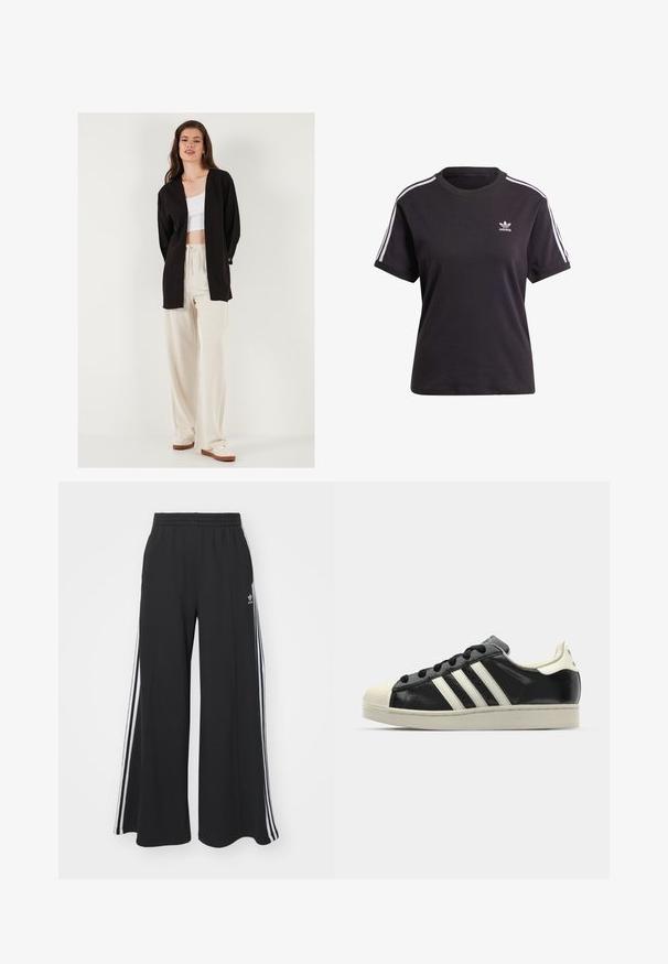 Juodas atviras kardiganas, pagamintas iš minkštos medžiagos, su ilgomis rankovėmis, laisvu siluetu ir šoninėmis įpjovomis, dėvimas ant balto trumpašalčio ir grietinėlės spalvos kelnių.; Juodas medvilninis trumpa rankovėmis marškinėliai su apvalia iškirpte, su baltais dryžiais ant pečių ir maža balta Adidas logo ant krūtinės.; Juodos plačios kojų džinsinės kelnės su elastingu juosmeniu, turinčios baltas šonines juosteles ir išsiuvinėtą logotipą kairiajame šlaunyje.; Juodi odiniai sportiniai bateliai su baltais dryžiais, guminis toe kapas, juodi raišteliai ir kreminis padas. Lygus pavirčius su blizgiu finišu.