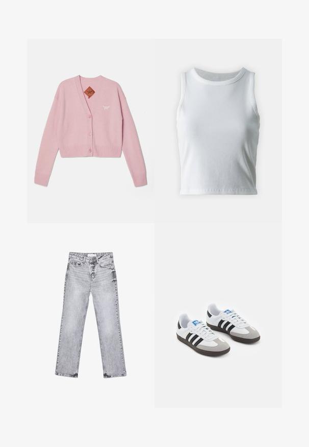 Růžový zkrácený cardigan vyrobený z měkkého materiálu, s výstřihem do V, pěti knoflíky, žebrovanými manžetami a lemy, a malým vyšitým logem.; Bílý žebrovaný tílko s kulatým výstřihem a bezramínkovým designem, s rovnými lemy a hladkou, elastickou strukturou.; Šedé džíny z denimu se střihy rovnými nohavicemi, s poškozenou úpravou, pěti kapsami a měděnými nýtky. Pasová část obsahuje logo štítek.; Sportovní boty s bílým koženým svrškem, šedou semišovou špičkou a třemi černými pruhy. Obsahují modré logo na jazyku a texturovanou gumovou podrážku.