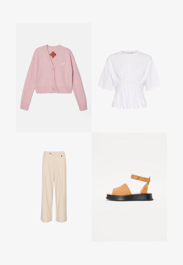 Pink cropped cardigan made of soft material, featuring a V-neck, five buttons, ribbed cuffs and hem, and a small embroidered logo.; White short-sleeve top made of soft fabric, featuring a round neckline and gathered detailing at the waist for a fitted look.; Beige wide-leg trousers with a flat front, two side pockets, a button closure, and pleated detailing for added texture and design.; Tan leather sandal with a wide front, open toe, adjustable strap, and a thick black platform sole. Smooth texture and minimal design.