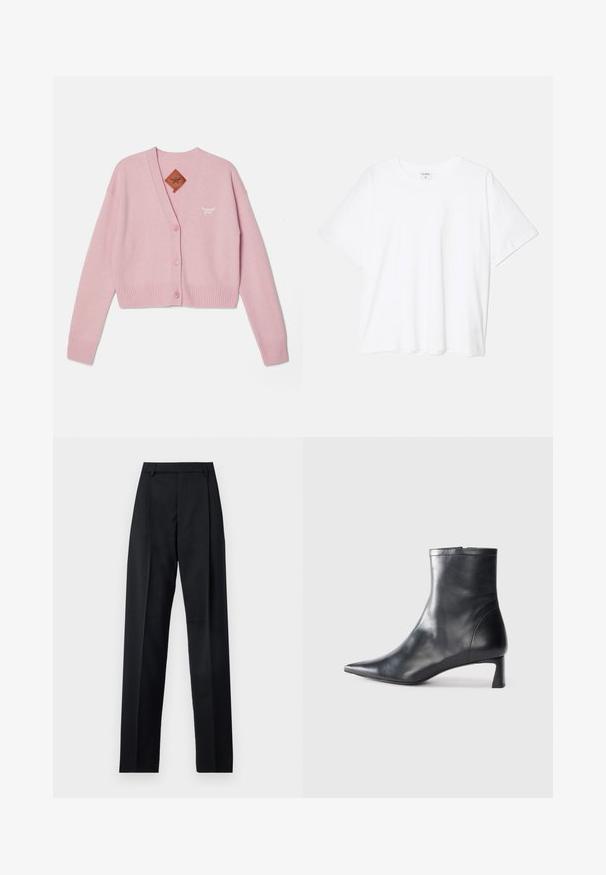Rózsaszín, rövidített kardigán, puha anyagból készült, V-nyakkal, öt gombbal, bordázott mandzsettákkal és alsó részével, valamint egy apró hímzett logóval.; Fehér pamut póló rövid ujjal, kerek nyakkivágással, laza fazonnal és varrott szegéllyel. Címke látható a belső nyakrészén.; Fekete nadrág sima anyagból, magas derékkal, széles lábakkal, elülső redőkkel és klasszikus övhurkokkal. Oldalzsebek nem láthatók.; Fekete bőr bokacsizma hegyes orral és letisztult dizájnnal. Alacsony sarka és hátsó cipzáras záródása van. Simának tűnő textúra.