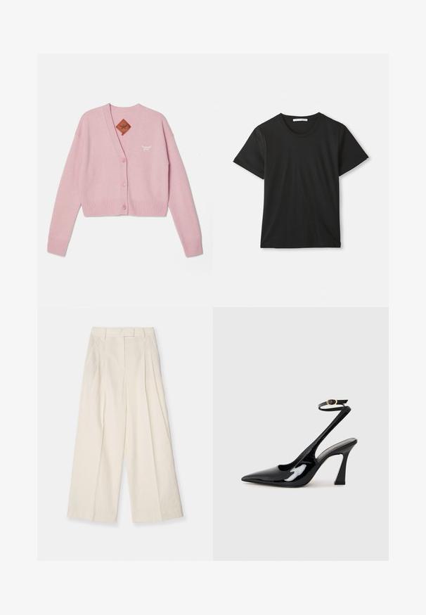 Pink cropped cardigan made of soft material, featuring a V-neck, five buttons, ribbed cuffs and hem, and a small embroidered logo.; Black short-sleeve T-shirt with a crew neckline and soft cotton fabric. Simple design with no patterns or logos, offering a classic fit.; Wide-leg trousers in textured cream fabric. Features a high waist with pleats, belt loops, and a clean, minimal design.; Black patent leather slingback high heels with a pointed toe, adjustable ankle strap, and a moderate block heel. Smooth texture with glossy finish.