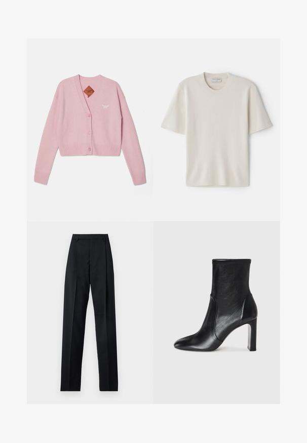 Rausva trumpa kardiganas, pagamintas iš minkštos medžiagos, su V formos iškirpte, penkiomis sagomis, sutrauktomis rankovėmis ir apatine dalimi bei mažu siuvinėtu logotipu.; Kremos šviesiai geltonas trumpų rankoviu marškinėliai su apvaliu iškirpimu, pagaminti iš minkštos medžiagos, turintys tiesų siluetą ir minimalų dekorą.; Juodos kelnės iš lygaus audinio, pasižyminčios aukštu liemeniu, plačiomis kojomis, priekinėmis klostėmis ir klasikiais diržo kilpomis. Šoninių kišenių nematyti.; Juodas odinis kulkšninis botas su elegantišku dizainu, smailiu pirštu ir aukštu blokiniu kulnu. Su lygiu paviršiumi ir minimalistišku siuvimo detaile.