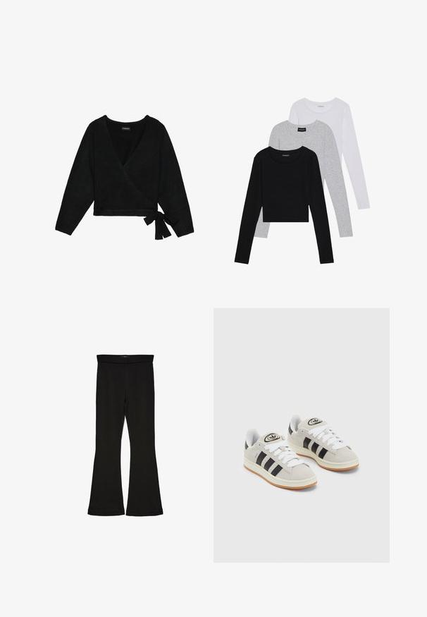 Must mustriga mustriga pehme materjalist. Omab sügavat V-kaela, pikki varrukaid ja külge seotud detaili, et reguleerida sobivust.; Kolm pikkade varrukatega toppi, mis on üksteise peale asetatud: must, hall ja valge. Igal ühel on ümar kaelus ja lühike disain, valmistatud siledast, kergekaalulisest kangast.; Mustad mustad sääred, mis on valmistatud venivast kangast. Omab laia vööd ja siledat tekstuuri, sobituv siluett, mis laieneb allservas.; Hallid hallid nahkrennid valgete paeltega, mustade triipudega ja valge kummitaldiga. Omab ümmargust logo keeles ja kummitalda.