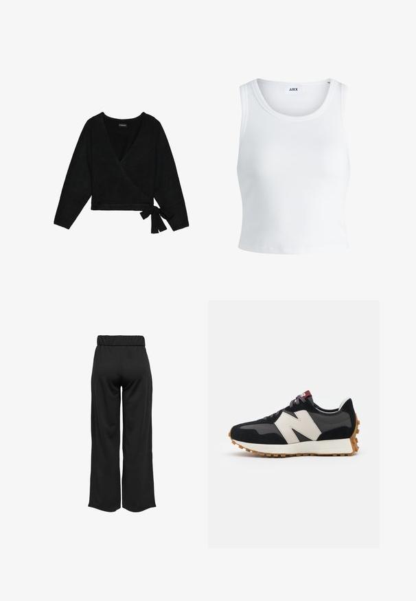 Must mustriga mustriga pehme materjalist. Omab sügavat V-kaela, pikki varrukaid ja külge seotud detaili, et reguleerida sobivust.; Valge ribakujuline tank top, millel on ümmargune kaelus, varrukateta disain ja lühike pikkus. Silt ütleb "JJXX." Sile kangast tekstuur.; Mustad, laiad püksid elastse vöökohtaga, valmistatud siledast kangast. Omab lihtsat disaini, ilma taskute või nähtavate õmbluste detailideta.; Mustmust ja halli nubukist tennisajal on suur kreemjas "N" logo, lilla paelad ja tekstureeritud kummist välispohja.