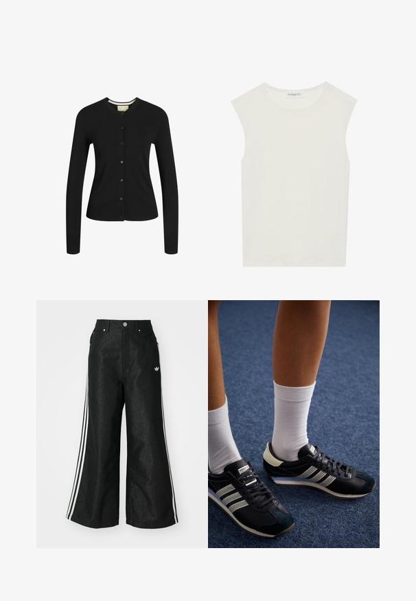 Svart langermet cardigan laget av mykt stoff, med rund hals, knappelukking, ribbestrikket kant og strukturert passform.; Hvit ermeløs topp med rund hals. Laget av glatt stoff, har den en avslappet passform og minimalistisk design. Ingen mønstre eller detaljer.; Sorte vide benbukser med tre hvite striper på hver side og en liten hvit logo. Har frontlommer og knappelukking.; Svarte treningssko med tre hvite striper, med et glatt skinn- og semsket lærutsiden, kombinert med hvite ankelsokker på blått teppe.
