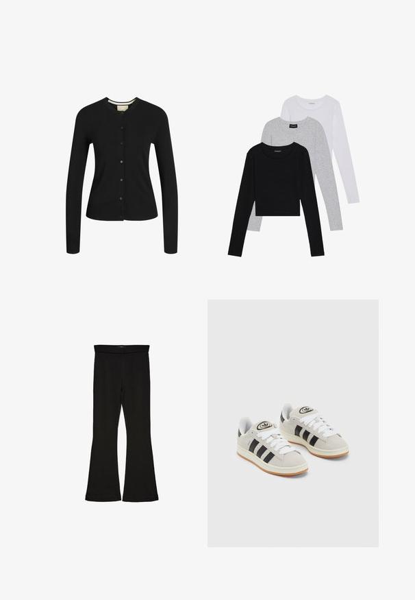 Black long-sleeve cardigan made from soft fabric, featuring a round neckline, button closure, ribbed hem, and structured fit.; Three long-sleeve tops stacked: black, grey, and white. Each has a round neckline and a cropped design with smooth, lightweight fabric.; Black flare leggings made from stretchy fabric. Features a wide waistband and a smooth texture, with a fitted silhouette that flares at the hem.; Gray suede sneakers with white laces, black stripes, and a white rubber sole. Features a circular logo on the tongue and a gum sole.